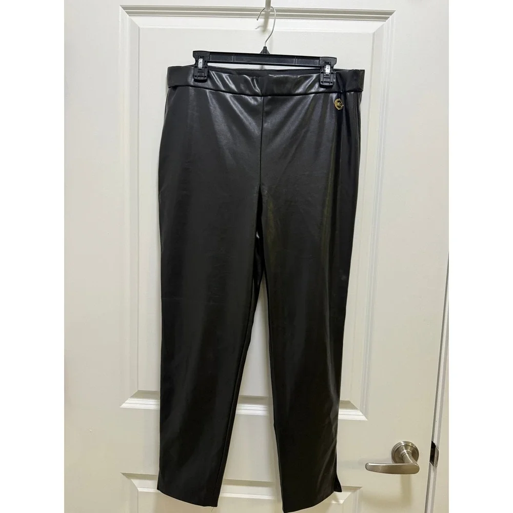 Michael Kors Womens Black Faux Leather Leggings Gold Logo Tapered Pants Size L